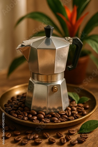 Elegant Stovetop Coffee Maker Surrounded by Coffee Beans and Tropical Plants