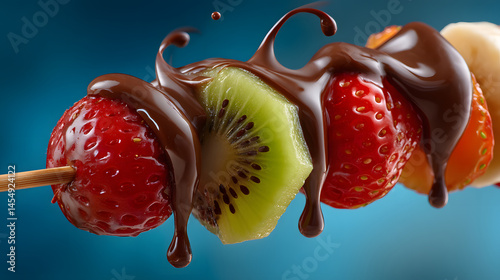 Luscious fruit skewer drizzled with rich chocolate. Fresh strawberry, kiwi, and banana combine in a sweet, indulgent dessert.
