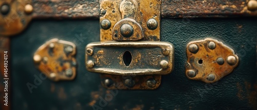 Aged trunk lock displays rusted brass fixtures with tarnished patina details.