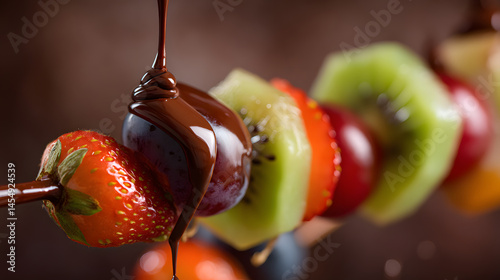 Indulge in the sweet sensation of chocolate-covered fruit skewers ? a vibrant mix of strawberries, kiwi, and grapes drizzled in smooth chocolate