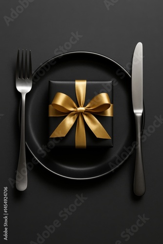 Elegant Black Gift Box on a Black Plate With Cutlery for a Special Occasion D...