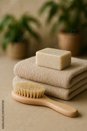 Natural Bath Essentials With Brush, Soap, and Towels Arranged on a Neutral Su...