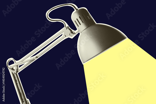 Office lamp. Vintage bulb equipment. Halftone trendy cut out paper collage element isolated on blue background, Polka dot pop art style texture Vector illustration