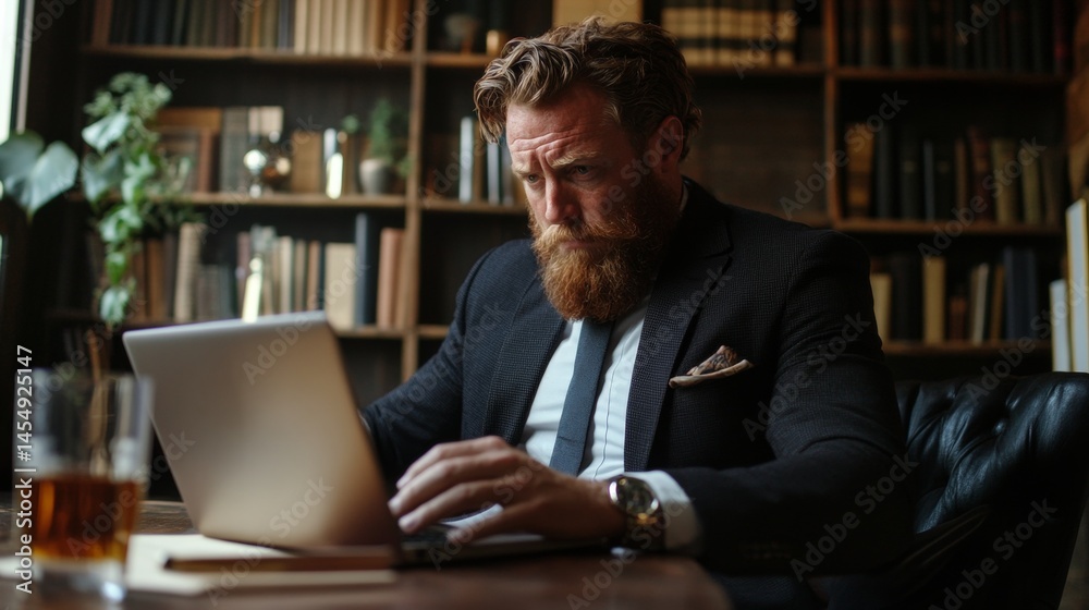 Businessman Working Alone in Office with Laptop and Drink Businessman Working Alone in Office with Laptop and Drink