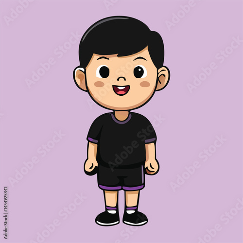 Smiling Asian cartoon boy dressed in black outfit stands against a lavender background