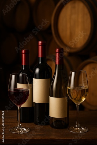 Red and White Wine Bottles and Glasses Displayed in a Rustic Setting With Woo...