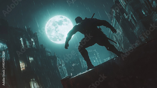 Wallpaper Mural Silhouette warrior, moonlit city Torontodigital.ca
