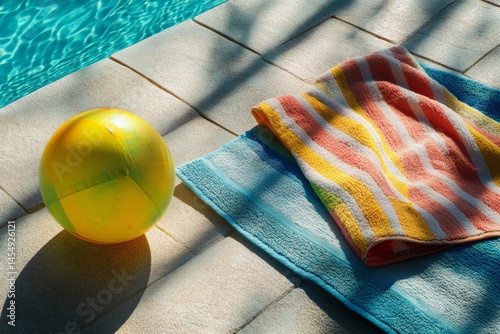 Vibrant yellow beach ball and towels by poolside