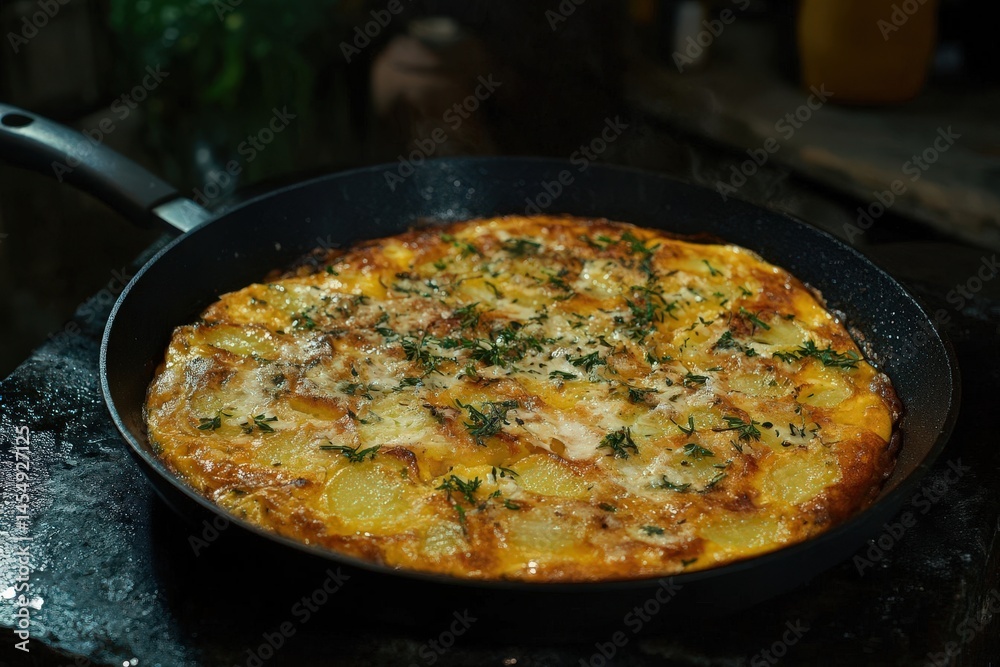 Savory potato frittata with cheese and herbs in a pan, traditional German dish, dark background, appetizing homemade meal, close-up food photography.