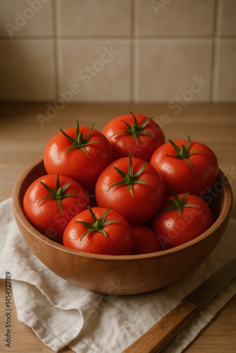Freshly Harvested Tomatoes Displayed in a Wooden Bowl on a Rustic Kitchen Cou...