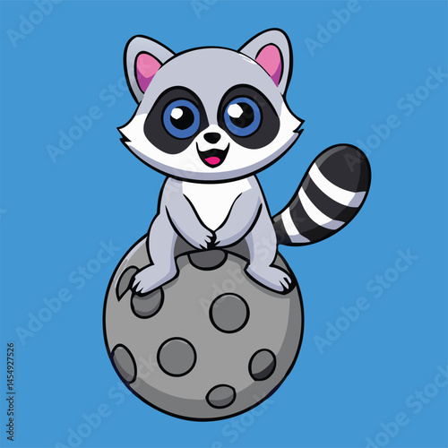 Adorable raccoon cartoon sits contentedly atop a cratered moon against a bright blue backdrop