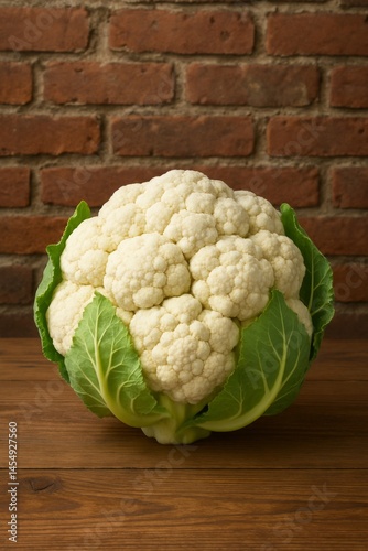 Fresh Cauliflower With Green Leaves Displayed Against a Brick Wall on a Wooden Surface