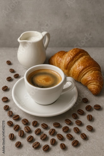 Enjoying Coffee and Croissant With Milk on a Gray Table During Breakfast Time