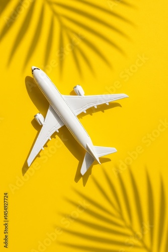 Model Airplane on Vibrant Yellow Background With Palm Shadows