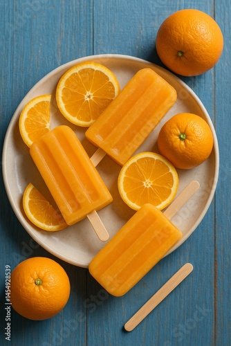 Bright Orange Popsicles on a Plate With Fresh Oranges on a Blue Wooden Table