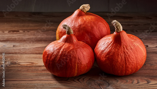 hokkaido pumpkins or red kuri squash on a wooden table
