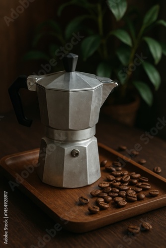 Metal Coffee Maker on Wooden Tray With Scattered Coffee Beans in a Cozy Indoo...