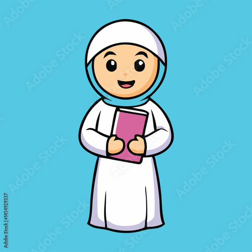 Cheerful muslim girl dressed in white outfit holds a pink book against a blue background