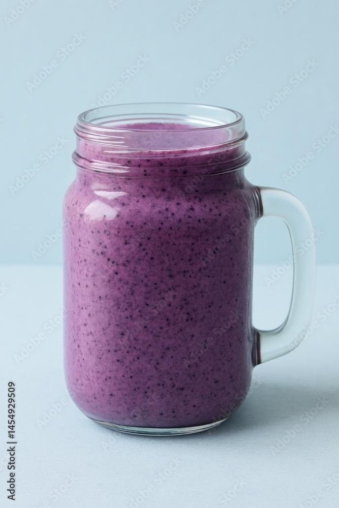 Delicious Purple Smoothie in a Glass Jar With a Handle on a Plain Background Delicious Purple Smoothie in a Glass Jar With a Handle on a Plain Background