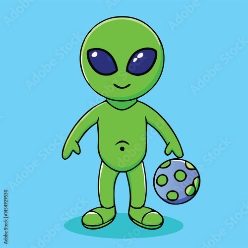 Green alien happily carries a ball with circles on a light blue background illustration