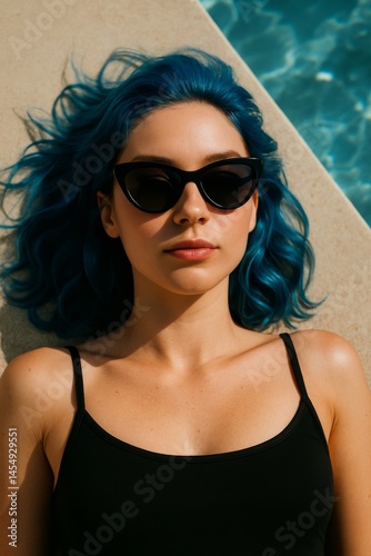 Young Woman With Blue Hair Relaxing by the Pool on a Sunny Day Wearing Stylis...