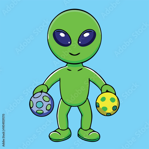Happy green alien stands holding a yellow polka dot ball and blue one