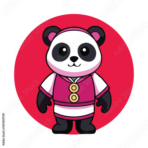 Cartoon panda dressed in pink oriental clothes stands against a red circle background