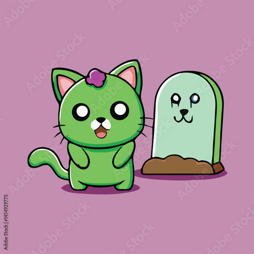 Cute green zombie cat stands happily beside a light blue friendly tombstone on pink backdrop