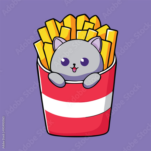 A cheerful gray cartoon kitty is nestled inside a container of french fries