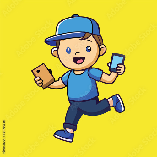 Cheerful young boy is joyfully running while holding two mobile phones against a yellow backdrop