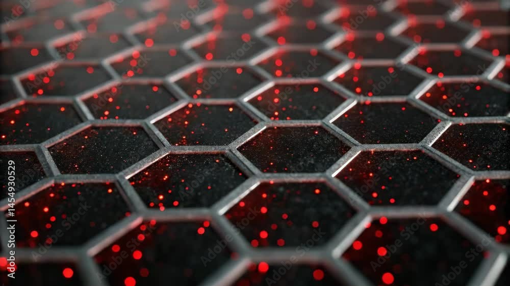 Vibrant hexagonal grid design overtaken by glitchy red dots, showcasing a unique digital aesthetic.