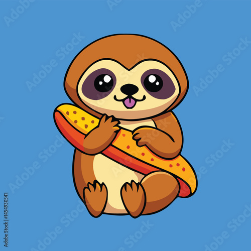 Animated sloth happily cradles a colorful sandwich against a solid blue backdrop, looking cheerful