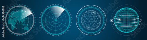 Futuristic graphic user interface HUD. Infographic design UI elements and radar screens. Vector illustration.