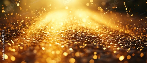 Roasted coffee beans glisten under sunlight amidst golden specks, creating an enchanting, spirited image.