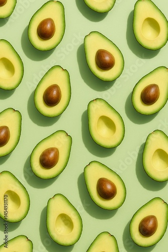 Multiple Halved Avocados Arranged Neatly on a Green Background for a Fresh Cu...