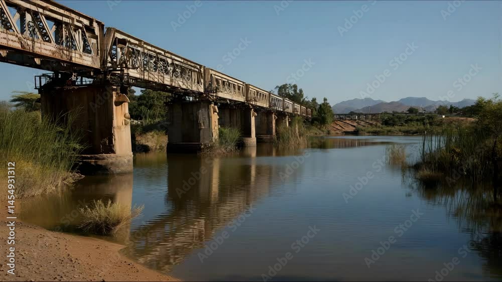 Old rusty metal railway bridge across calm river water in sunny weather with reflection landscape Old rusty metal railway bridge across calm river water in sunny weather with reflection landscape