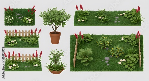 Vector set of isolated top view garden elements including plants, flowers, shrubs, trees, and grass—perfect for landscaping plans, maps, and outdoor design layouts

 photo