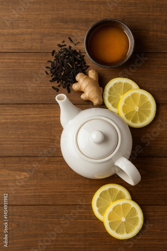Warm Ginger Lemon Tea Preparation on Rustic Wooden Table