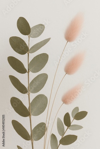 Decorative Arrangement of Green Foliage and Soft Pink Accents on a Light Back...