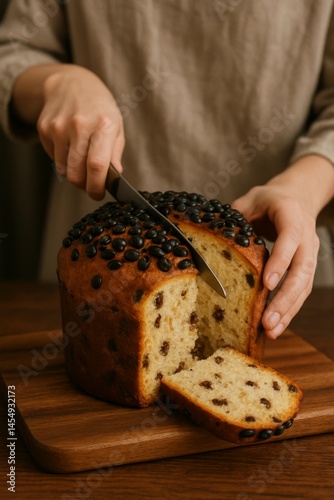 Brown Bread Topped With Dark Berries is Being Sliced on a Wooden Board by a P...
