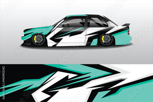 Stylish racing car design with dynamic graphics displayed