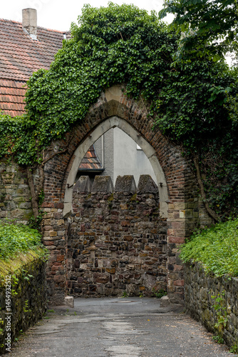 Fényképezés Stone archway adorned with greenery leads to a quiet path in a historic village
