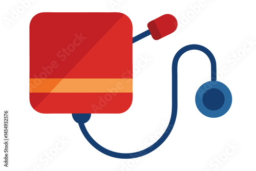 Red square pump with blue hose and knob for pumping liquid
