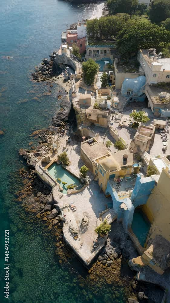 Aerial view of coastal village with uniquely designed buildings and swimming pools, surrounded by rocky coastline and ocean. Aerial view of coastal village with uniquely designed buildings and swimming pools, surrounded by rocky coastline and ocean.