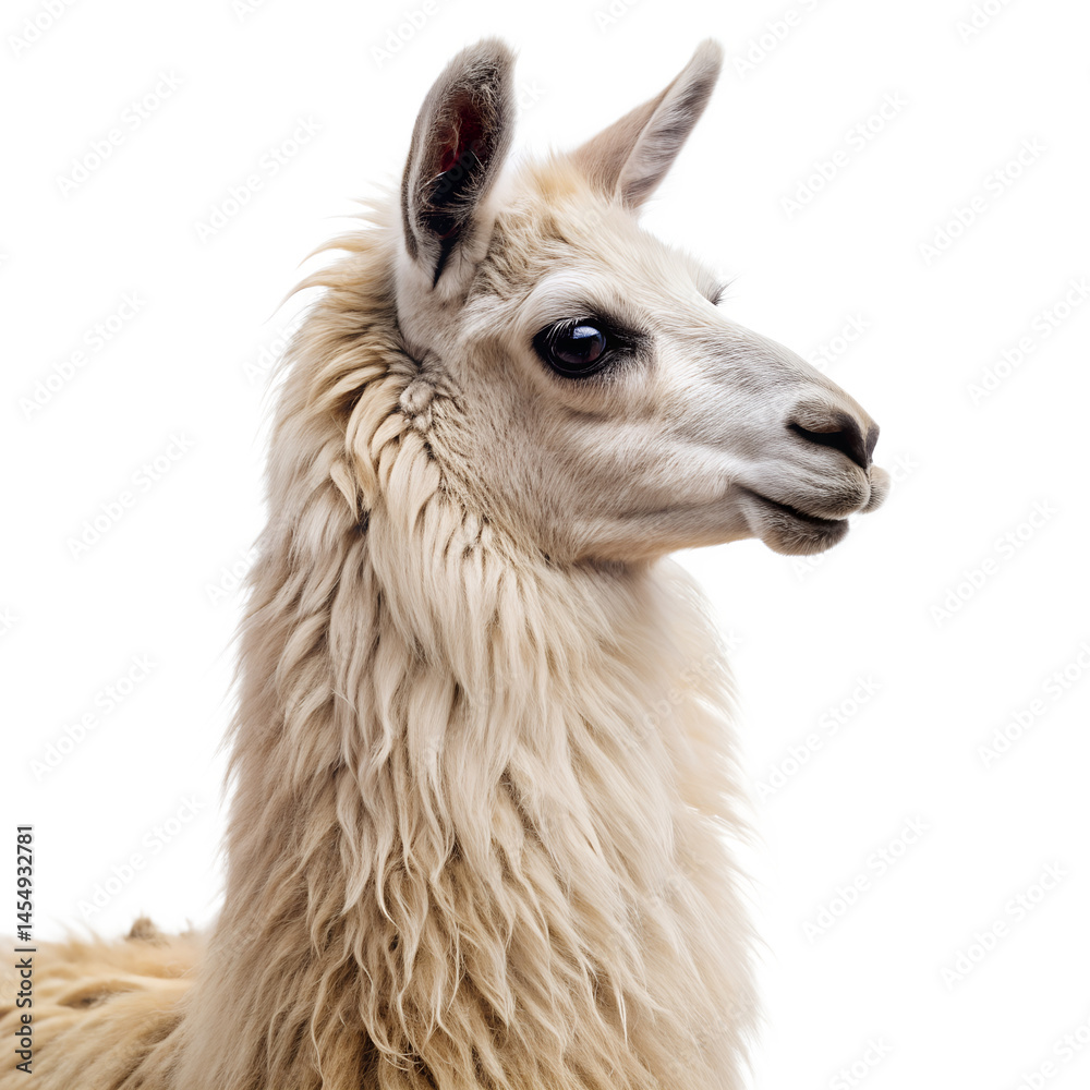 Fototapeta premium Fluffy Llama Profile View on White Background