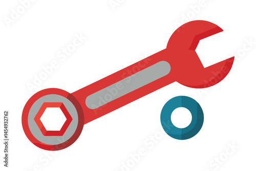 Red Open Ended Wrench with Hexagonal Socket and Blue Round Spacer