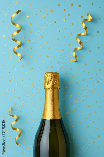 Celebratory Champagne Bottle With Golden Confetti and Streamers on Blue Backg...