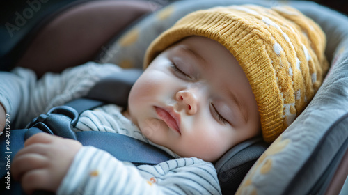 A baby sleeping in a car seat dreaming peacefully.