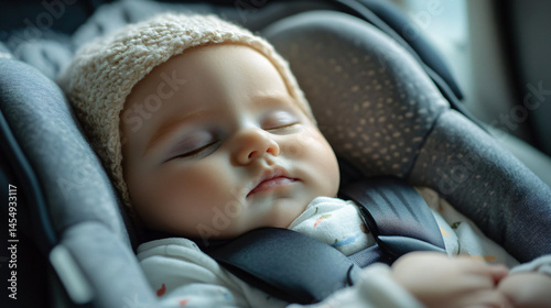 A baby sleeping in a car seat dreaming peacefully.