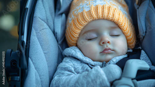 A baby sleeping in a stroller during a peaceful walk in the park.